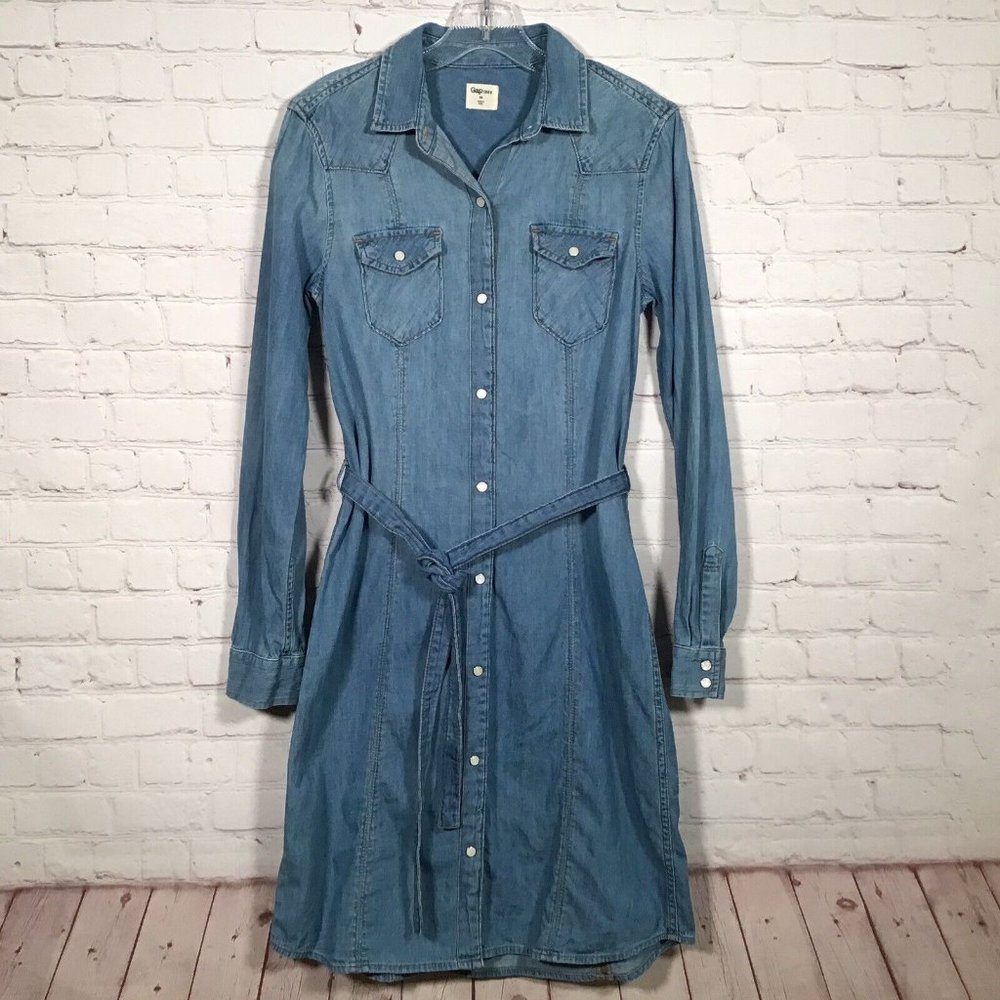 Gap Western Denim Shirt Dress Womans XS Long Sleeve Pearl Snap Front Belted